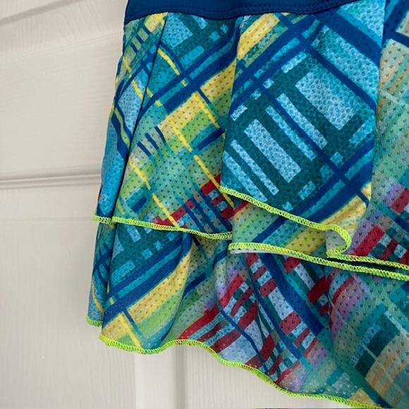 Lucky in Love Skort Blue Green Plaid Pleated Tiered Yellow Trim13 " Women Medium - Picture 5 of 8